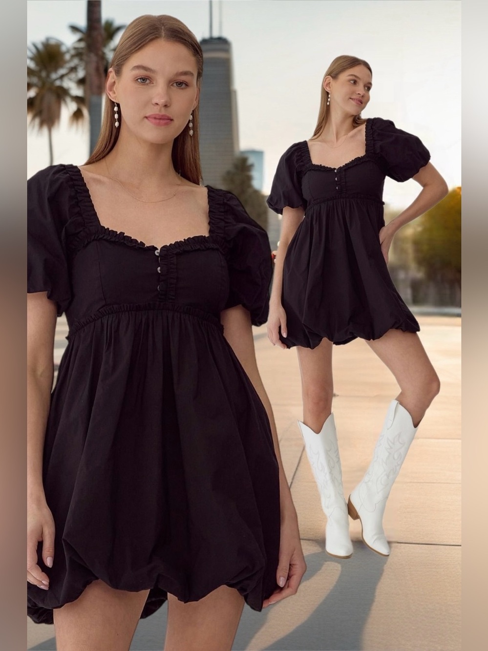 Entro | The Genevieve Puff Sleeve Mini Boho Chic Little Black Dress New Small